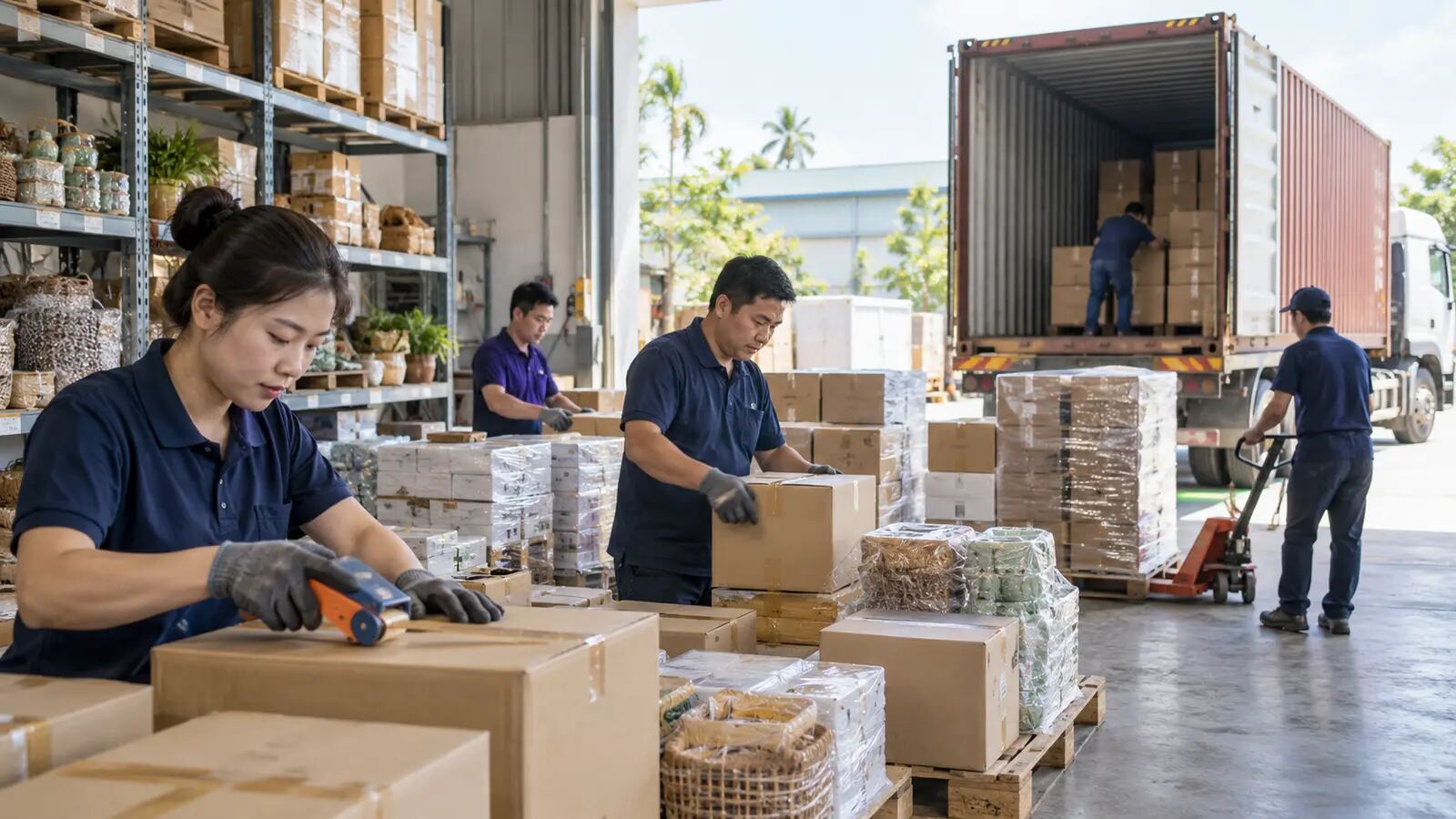 Kho hàng đang gom và đóng gói hàng hóa để tối ưu chi phí vận chuyển