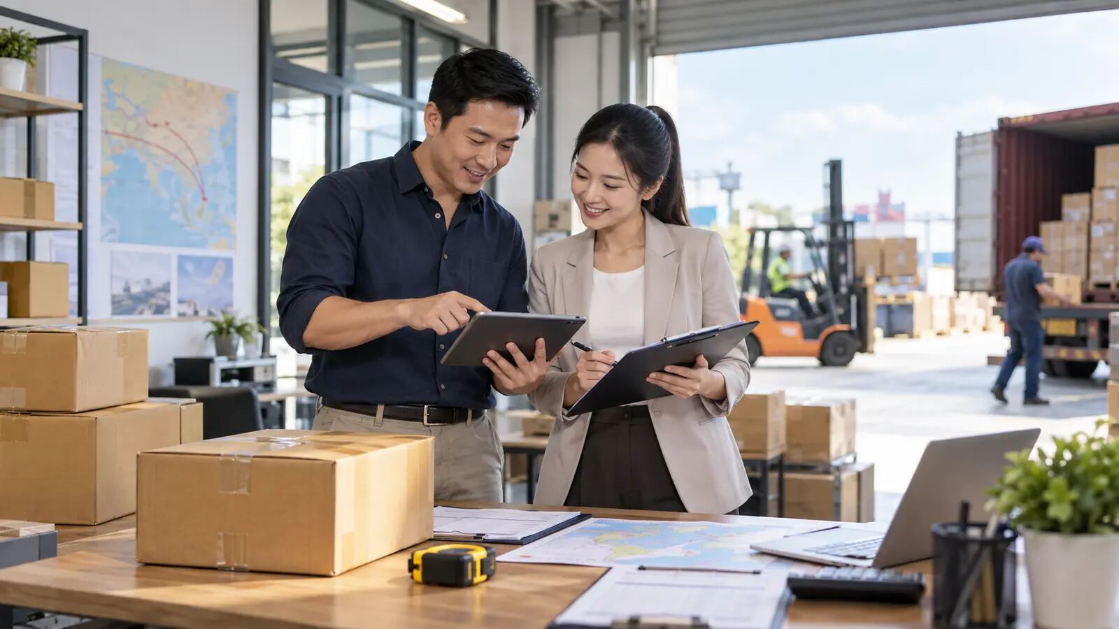 Khách hàng và chuyên viên logistics trao đổi thông tin lô hàng